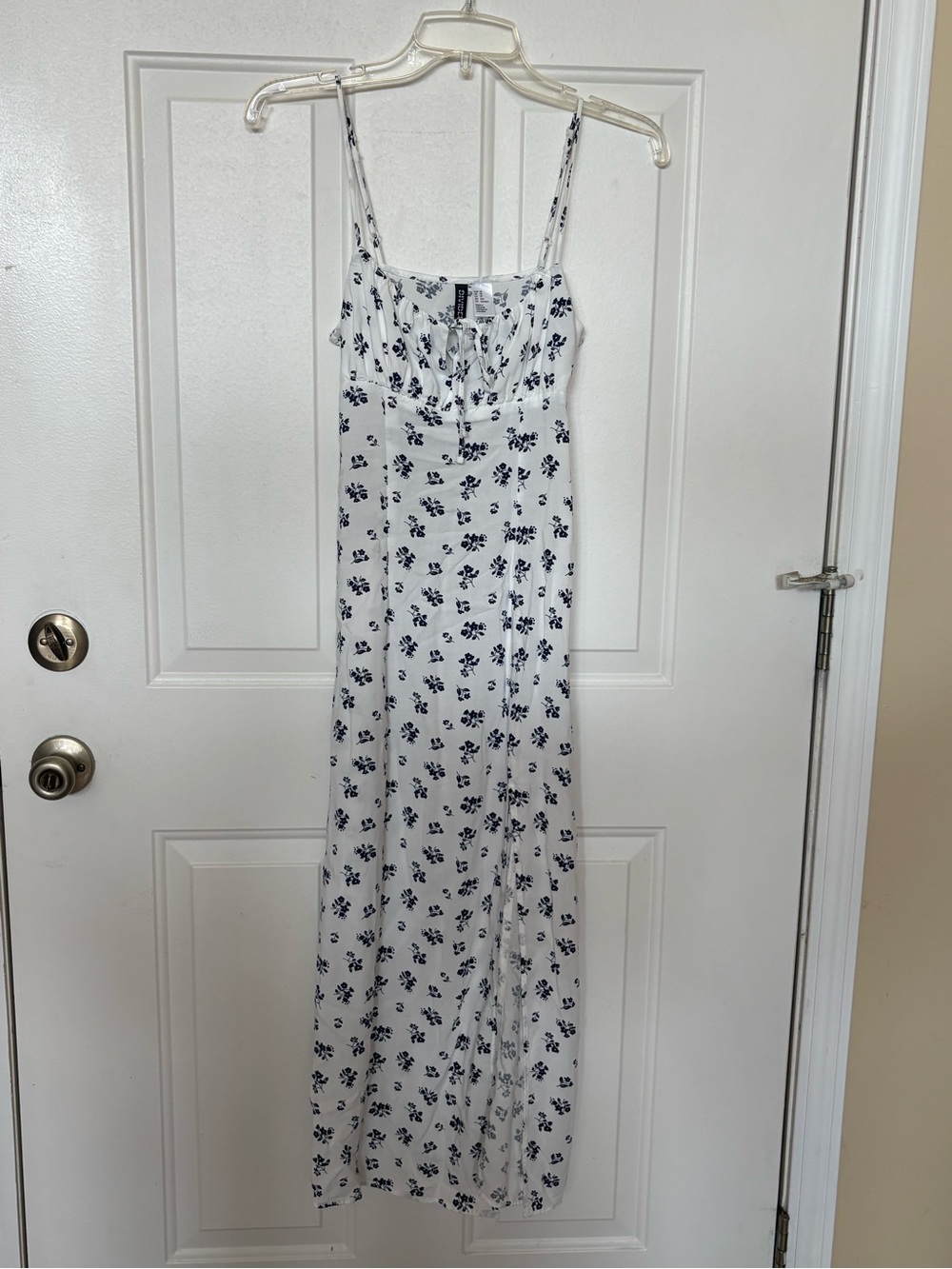 Divided White Maxi Dress with Navy Floral Print